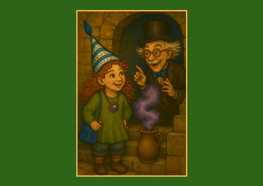 Das Bild zeigt eine Szene mit zwei Personen. Es ist KI-generiert und in gedeckten Farben gehalten. Eine Körnung ist zu erkennen, so dass das Bild Retro wirkt. Zu sehen sind einmal das Museumskoboldmädchen Sulinchen, mit roten Locken, grünem Kleid, orangegelb geringelten Strümpfen und einer blauweiß geringelten Zipfelmütze. Sluinchen steht, die Arme in die Seite gestemmt vor einem Durchgang mit Treppe. Auf der Steintreppe steht der Gesternkrug, ein Tonkrug aus dem lila Glitzernebel kommt, es ist ein Zauberkrug. Sulinchen spricht mit Professor Wirrwitz. Einem lieb aussehenden alten Mann, mit runder Brille, grauem Schnurrbart und grauen Zauselhaaren. Auf dem Kopf trägt er einen Zylinder. Er schaut durch den Durchgang und es wirkt so, also hätten die beiden ein freudiges Gespräch. Das Bild ist mit einem gelben Rahmen eingefasst auf einem rot-bräunlichen Hintergrund mit Farbverlauf