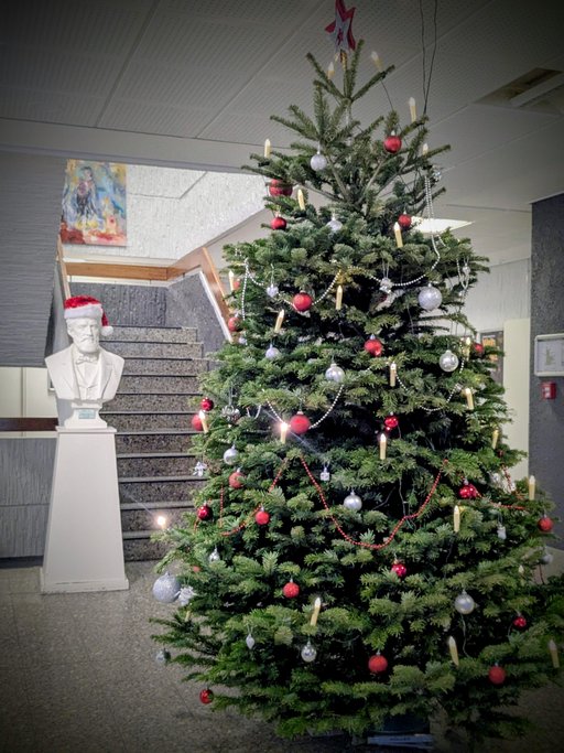Foyer der Stadt Friedrichsdorf mit geschmücktem Weihnachtsbaum