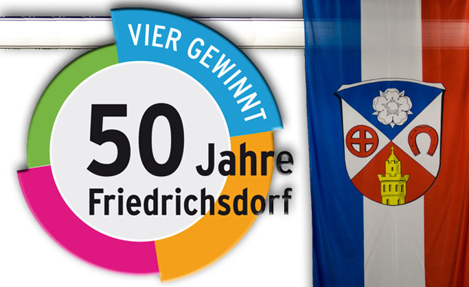 Signet des Jubiläums zu 50 Jahre Friedrichsdorf mit der Fahne der Stadt...
