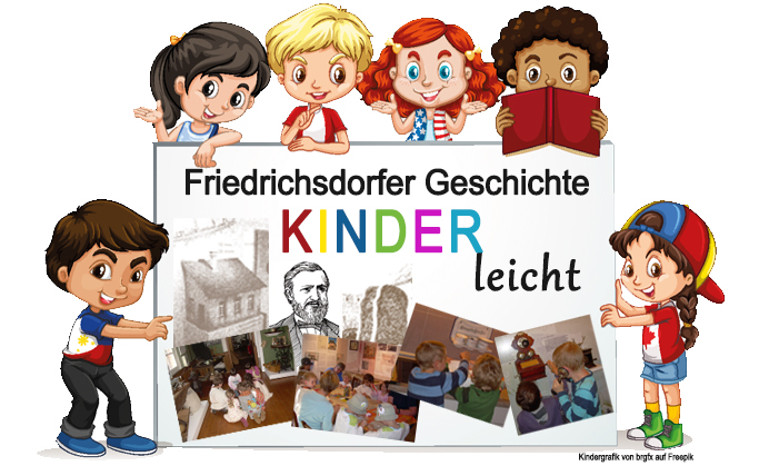 Grafik mit Kindern die ein Plakat halten mit Bildern aus den Friedrichs...
