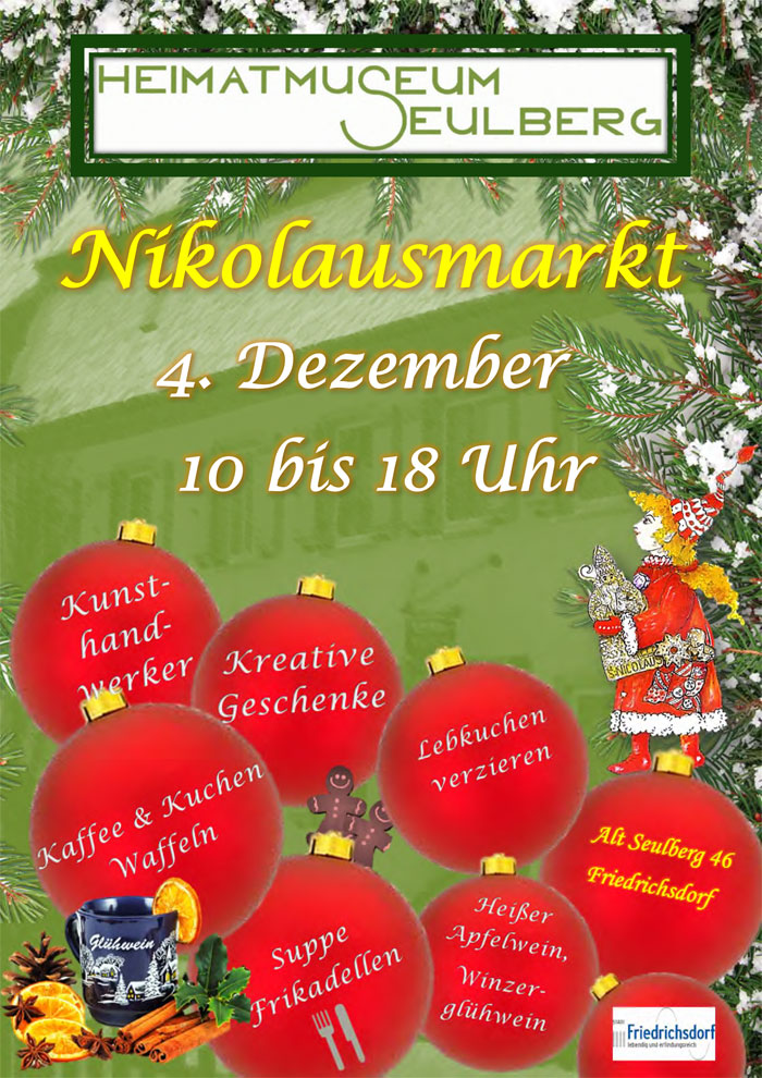 Veranstaltungsplakat zum Nikolausmarkt am Heimatmuseum Seulberg am 04.12.2022