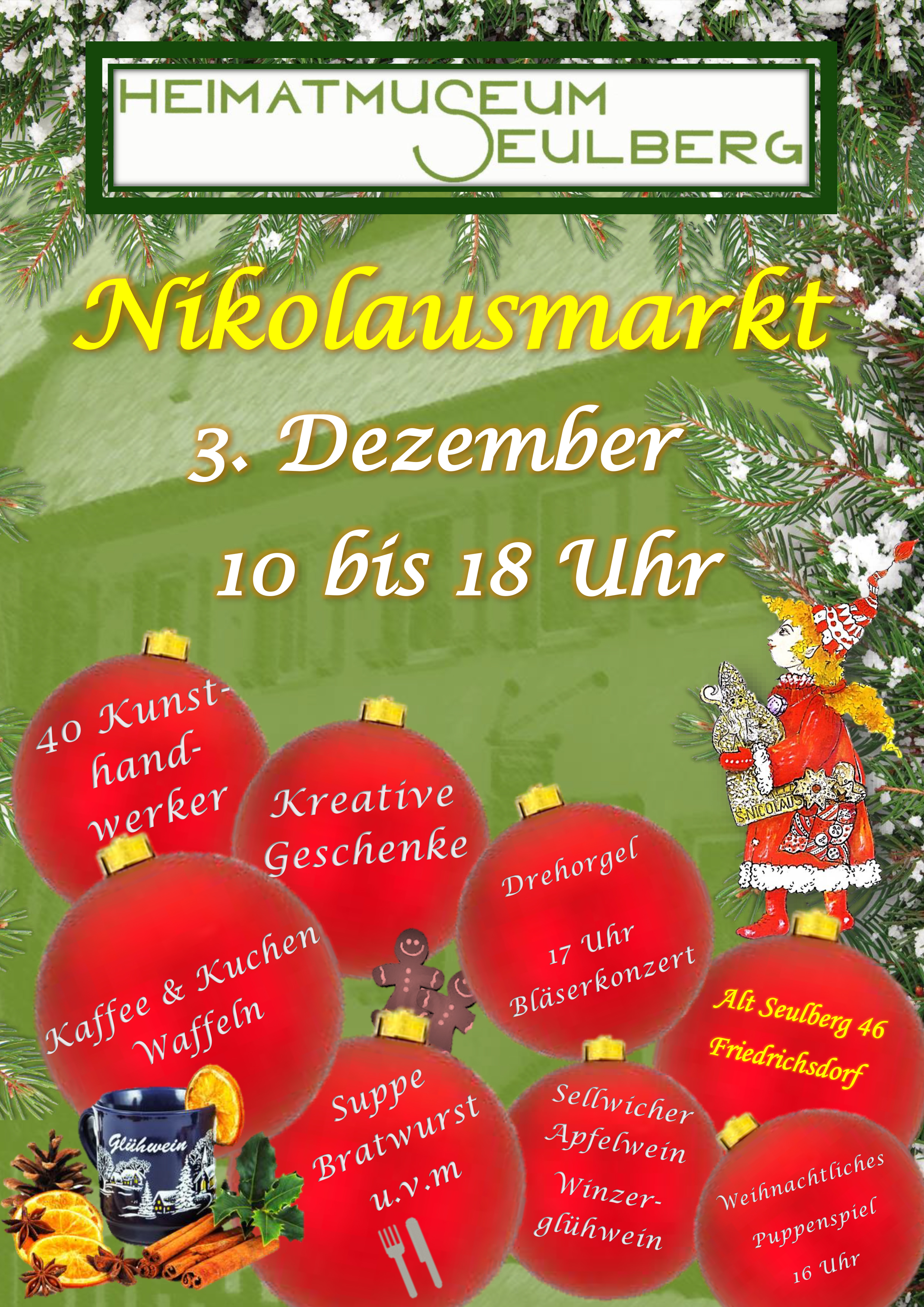 Nikolausmarkt Heimatmuseum Seulberg am 3. Dezember 2023 10 - 18 Uhr Nikolausmarkt Heimatmuseum Seulberg am 3. Dezember 2023 10 - 18 Uhr