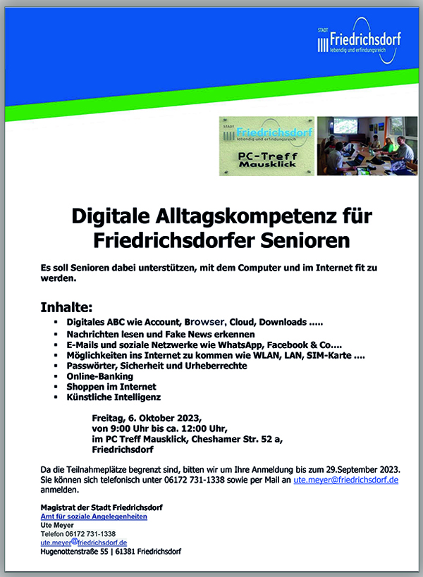 Info-Veranstaltung - Digitale Alterskompetenz am 06.10.2023 im PC-Treff Mausklick