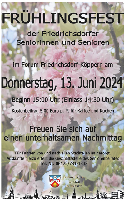 Einladung zum Frühlingsfest für Friedrichsdorfer Senioren am 13.06.2024