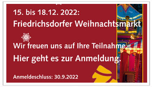 Jetzt anmelden - Teilnahme am Friedrichsdorfer Weihnachtsmarkt vom 15.-18.12.2022