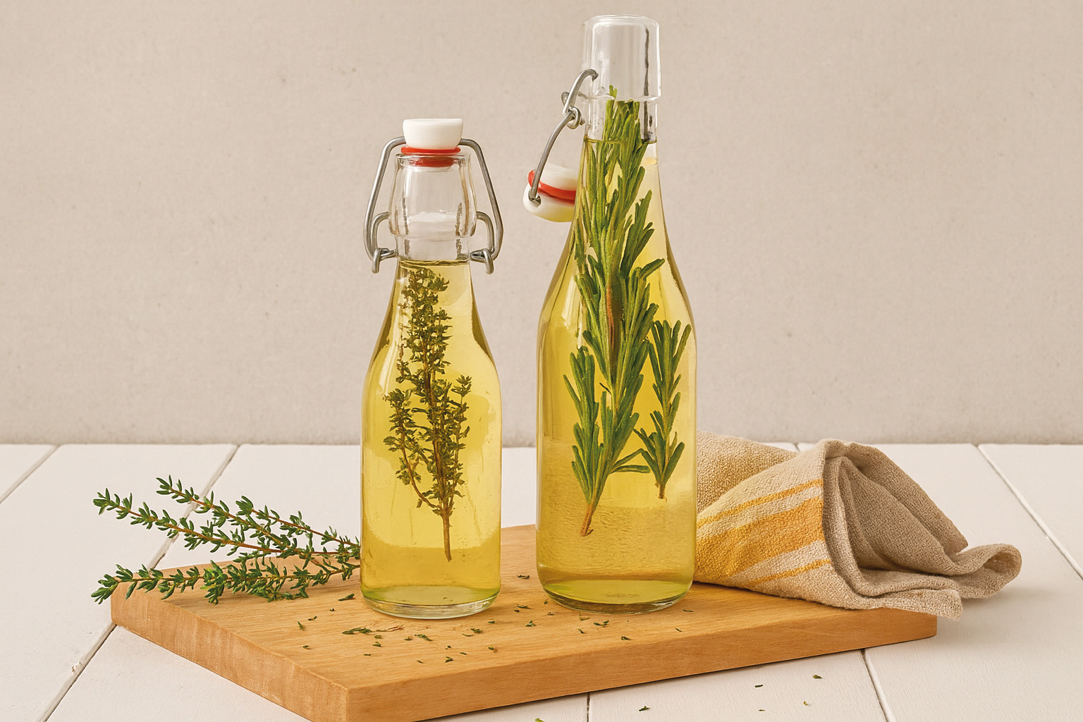 Eine Glasflasche mit Kräuteressig.