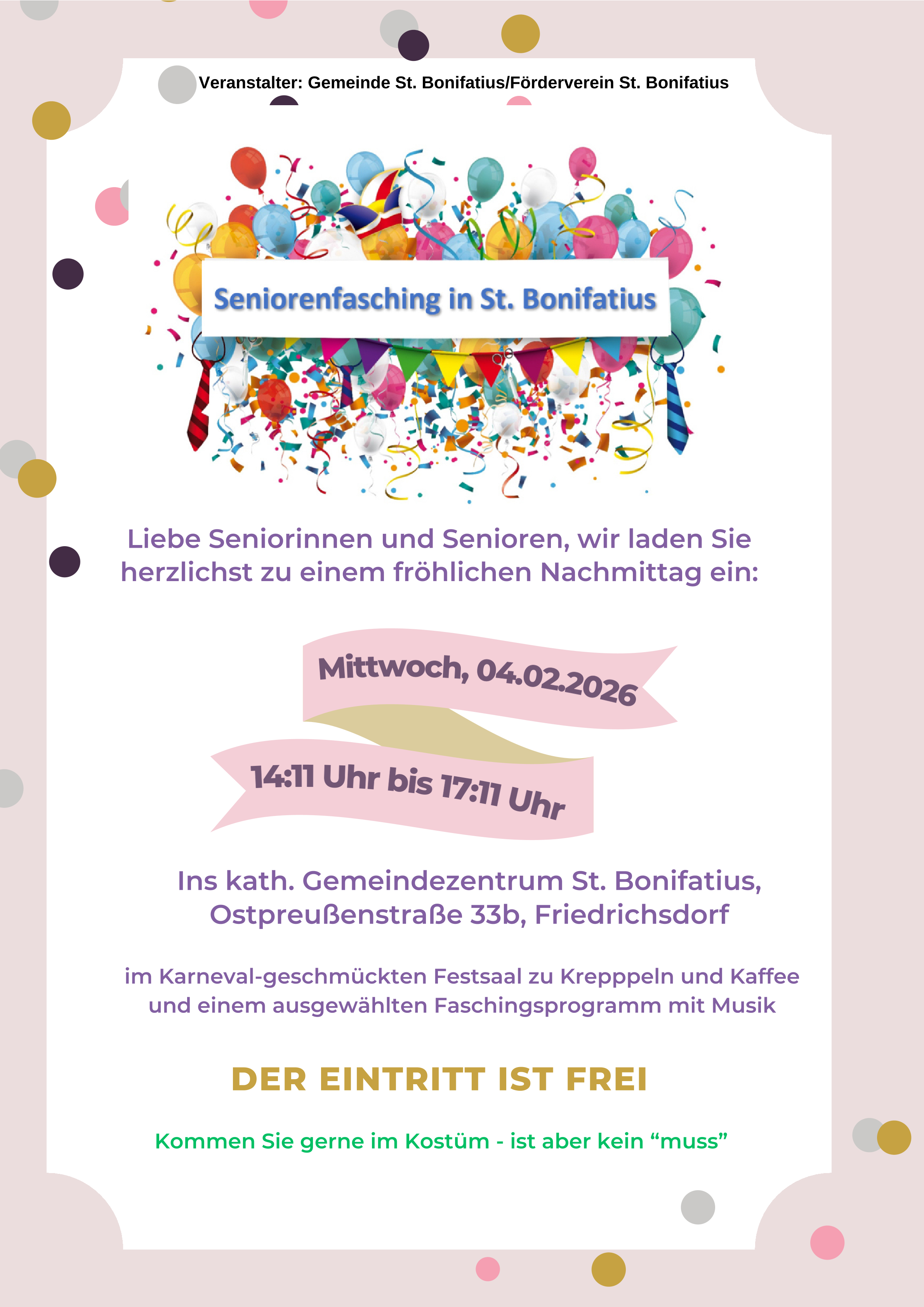 Karnevalistisch geprägtes Bild mit den Informationen zum Ort und Zeitpunkt des Seniorenfaschings