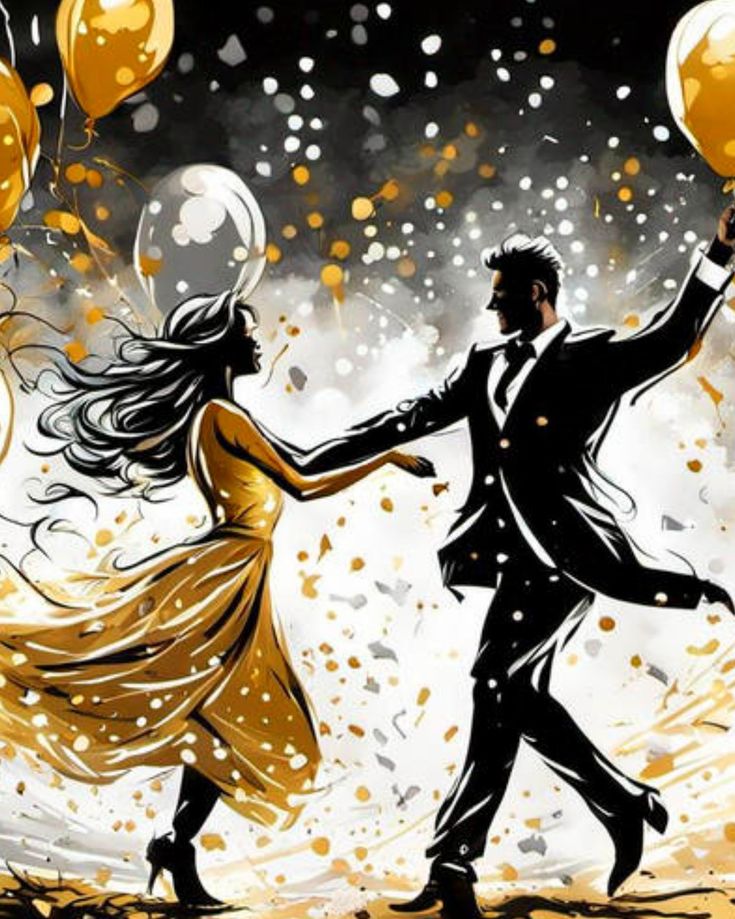 Tanzpaar in Schwarz/Gold vor duklem Hintergrund mit goldenen Luftballons