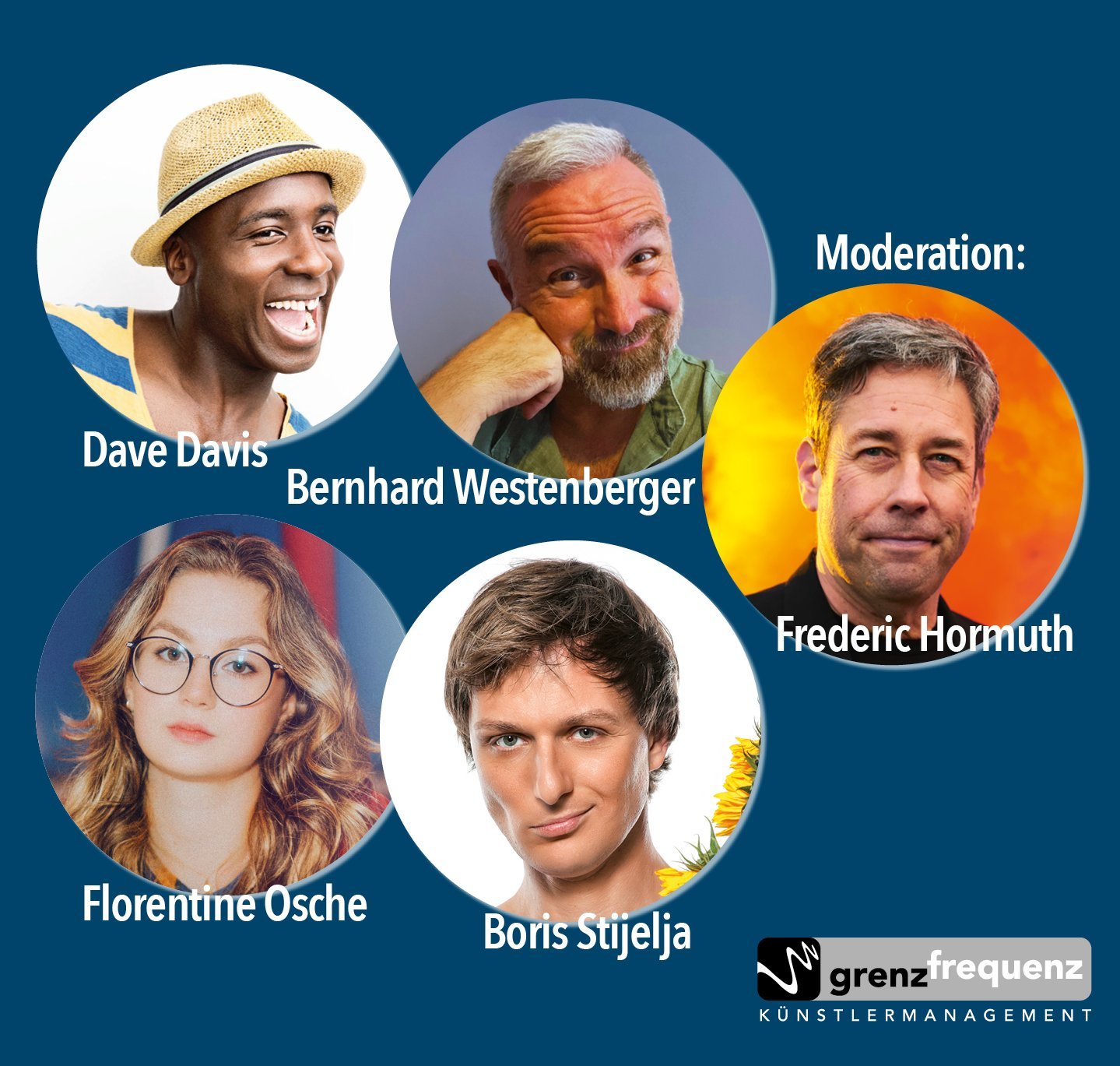 Auf dem Bild sind die Gesichter der fünf Comedians der Lachnacht zu sehen.