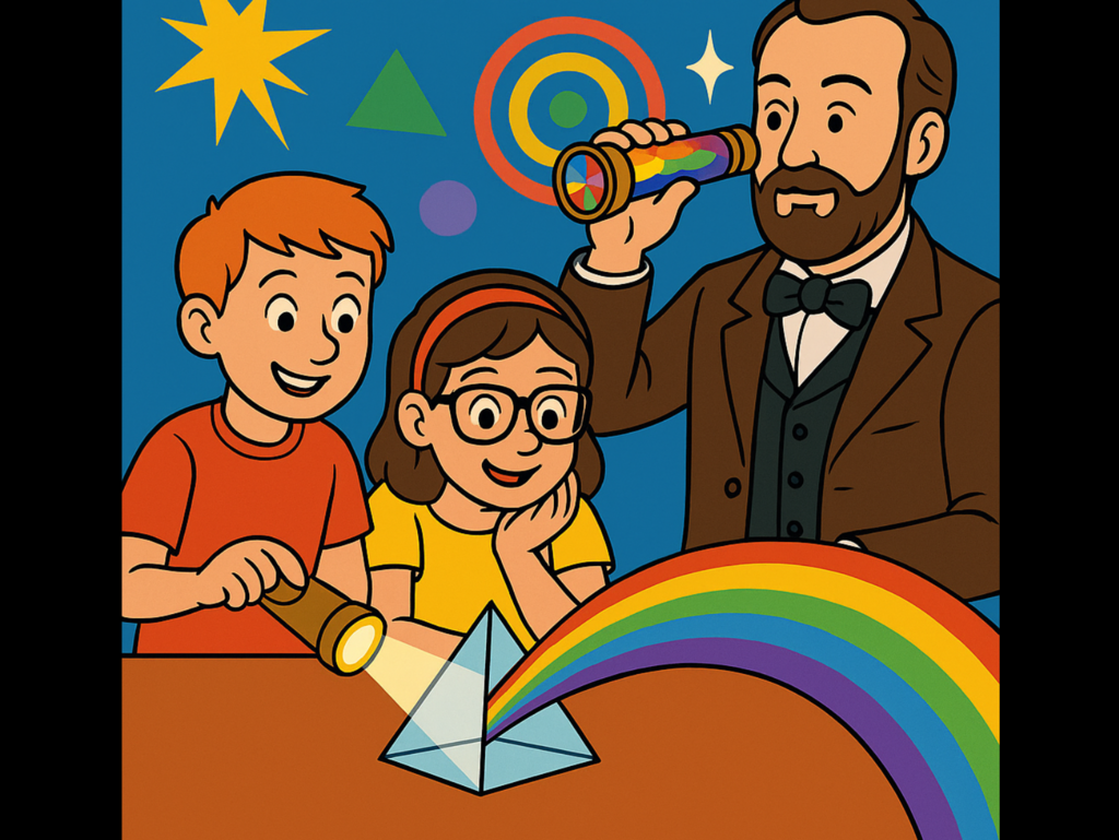 Das Plakat ist im Comic Stil gestaltet. Das Bild mit der gelben, schwarz umrandeten Überschrift „Licht und Regenbogen! Erfinderwerkstatt „Was ist Optik““ befindet sich auf einem schwarzen Hintergrund. Auf dem Bild unter der Überschrift befindet sich vor blauem Hintergrund eine gelbe Sternform, ein grünes Dreieck und verschieden große, ineinander liegende Kreise in gelb, orange und grün. Im Vordergrund ist rechts Philipp Reis zu sehen, wie er ein buntes Kaleidoskop vor sein Auge hält. Links neben ihm sind ein Junge und ein Mädchen zu sehen. Der Junge hat eine Taschenlampe in der Hand und richtet diese auf ein Prisma, heraus kommt ein Regenbogen. Unter dem Bild, auf dem schwarzen Hintergrund ist links das Logo der Stadt Friedrichsdorf zu sehen. Rechts daneben steht in weißer Schrift: „Dienstag, 26. August 2025 5 – 7 Jahre und Donnerstag, 28. August 2025 8 – 9 Jahre, jeweils um 16 Uhr im Philipp-Reis-Haus.“ Darunter steht „Anmeldung unter museen@friedrichsdorf.de“ und „Pay what you want“