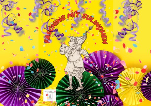 Farbenfrohes, illustratives Plakat mit dem Schriftzug „Fasching mit Sulinchen“ in großen, roten, gebogenen Buchstaben vor leuchtend gelbem Hintergrund. Bunte Konfetti und geschwungene Luftschlangen verteilen sich über das gesamte Bild. In der Mitte steht Sulinchen, das Koboldmädchen aus dem Heimatmuseum Seulberg, als schwarz-weiße Zeichnung dargestellt. Sie trägt ein verspieltes Kostüm mit gemusterten Strümpfen und einer spitzen Mütze mit Quaste. In der einen Hand hält sie eine Karnevalsmaske vor ihr Gesicht, die andere Hand ist an die Wange gelegt, wodurch sie neugierig und fröhlich wirkt. Im unteren Bildbereich sind große, gefächerte Papierrosetten in Grün, Lila und Gelb zu sehen. Links unten befindet sich das Logo des Heimatmuseums Seulberg. Die Gestaltung ist lebhaft, festlich und erinnert an eine Karnevals- oder Faschingsfeier.
