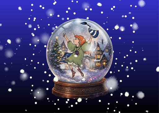 Der fiktive Charakter Sulinchen in einer Schneeballkugel, im Vordergrund schneit es ebenfalls.