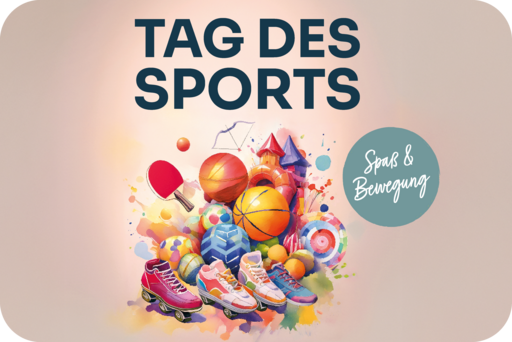 Visual Tag des Sports 2025 mit Bällen, Sportschuhen, Schlägern und anderen Sportgeräten