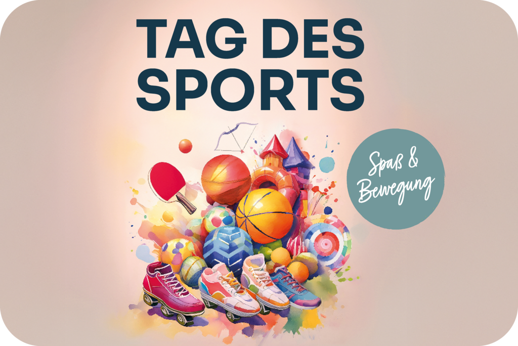 Visual Tag des Sports 2025 mit Bällen, Sportschuhen, Schlägern und anderen Sportgeräten