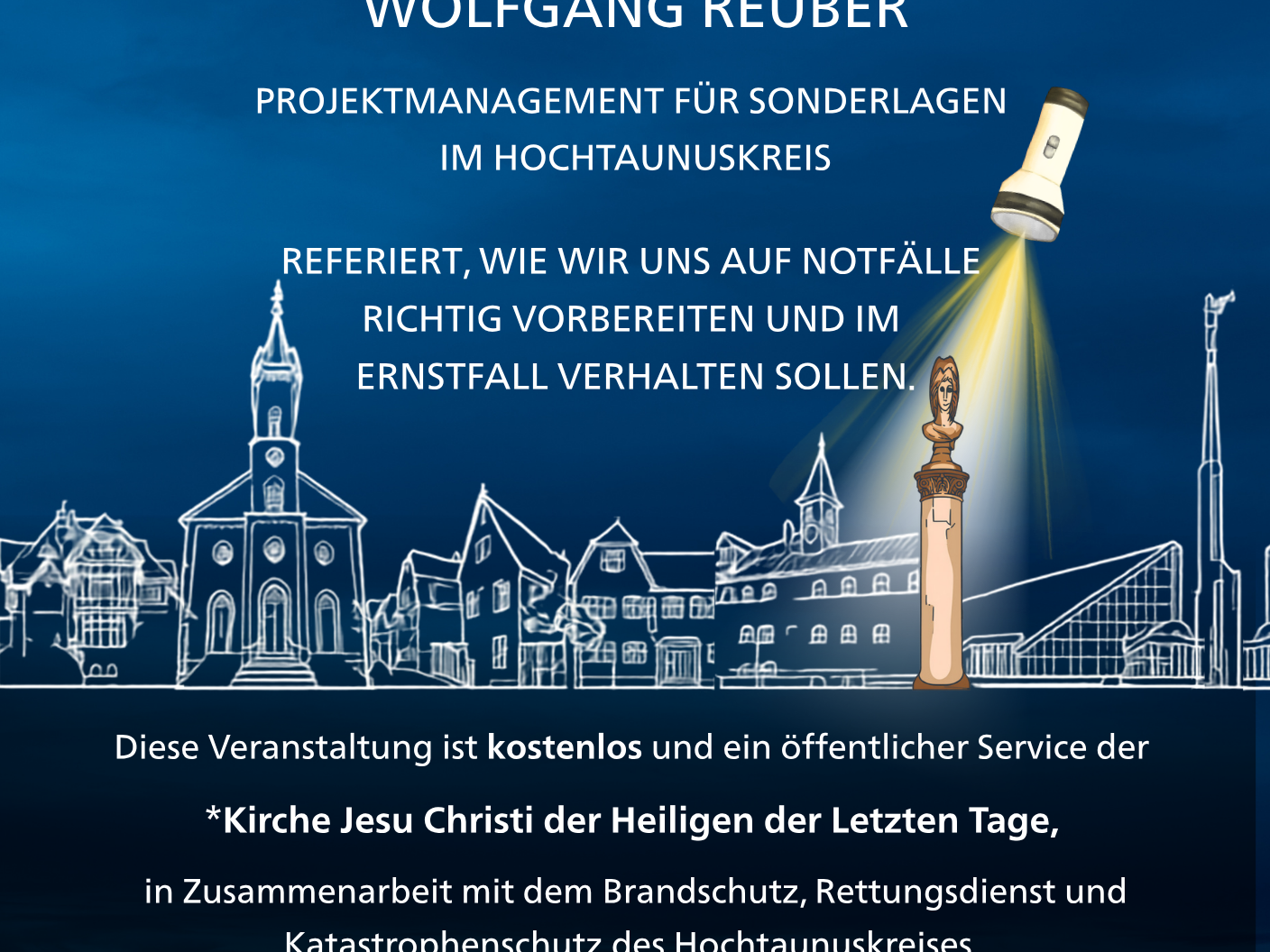 Informationsveranstaltung „Friedrichsdorf ohne Strom! – Was jetzt?“ am 22. Oktober 2026 um 19:00 Uhr in Friedrichsdorf. Vortrag von Wolfgang Reuber zur Vorbereitung auf Stromausfälle und andere Notfälle. Das Plakat zeigt einen Vollmond, eine Taschenlampe und die Friedrichsdorfer Stadtsilhouette. Kostenloser öffentlicher Service.