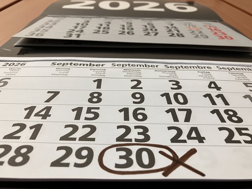 Auf dem Bild ist ein Kalenderblatt vom September 2026 zu sehen, bei dem der 30. mit einem Kreuz markiert ist.