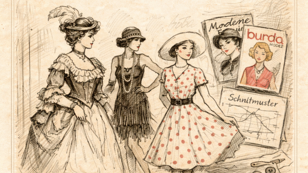 Diese detaillierte Zeichnung im nostalgischen Skizzenstil feiert die Schneiderkunst und Modezeichnung. Das Bild ist in warmen Sepia-Tönen gehalten und zeigt eine Collage aus verschiedenen modischen Epochen und Werkzeugen des Handwerks.