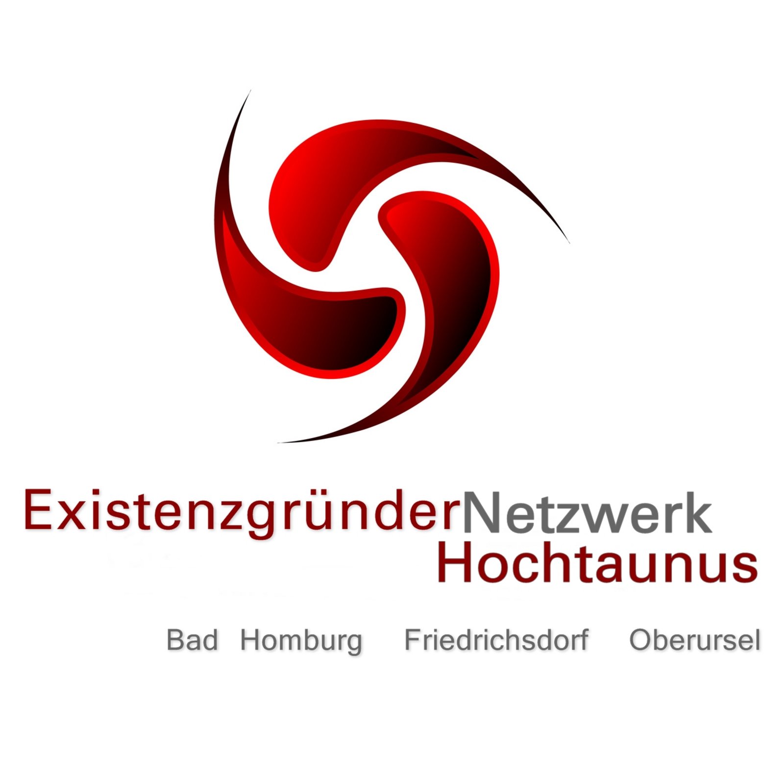 Abgebildet ist eine dynamische abstrakte Form, worunter der Text „Existenzgründernetzwerk Hochtaunus“ Bad Homburg Friedrichsdorf Oberursel platziert ist.
