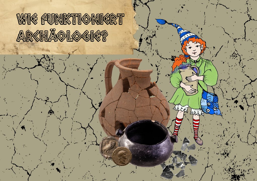 Collage zum Thema „Wie funktioniert Archäologie?“. Im Hintergrund eine beigefarbene, rissige Oberfläche, die an eine alte Wand oder ein Pergament erinnert. Links oben steht in großen, schwarzen Blockbuchstaben der Text „WIE FUNKTIONIERT ARCHÄOLOGIE?“. Im Zentrum liegen archäologische Funde: eine zerbrochene, antike Tonvase mit sichtbaren Bruchstellen, ein schwarzer Metalltopf mit zwei Henkeln, zwei alte Münzen und einige Glasscherben. Rechts daneben steht Sulinchen – das Koboldmädchen aus dem Heimatmuseum mit orangen, lockigen Haaren, grüner Kleidung, einer blauen, spitzen Zipfelmütze und rot-weißen gestreiften Socken. Sie hält einen Gegenstand in den Händen und trägt eine blaue Tasche.