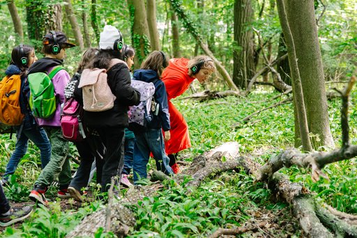 Gruppe Jugendlicher mit Kopfhörern im Wald 