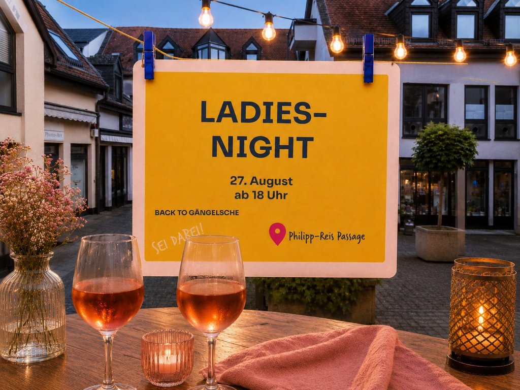 Weingläser vor dem Poster "Ladies' Night" und im Hintergrund die Philipp-Reis-Passage