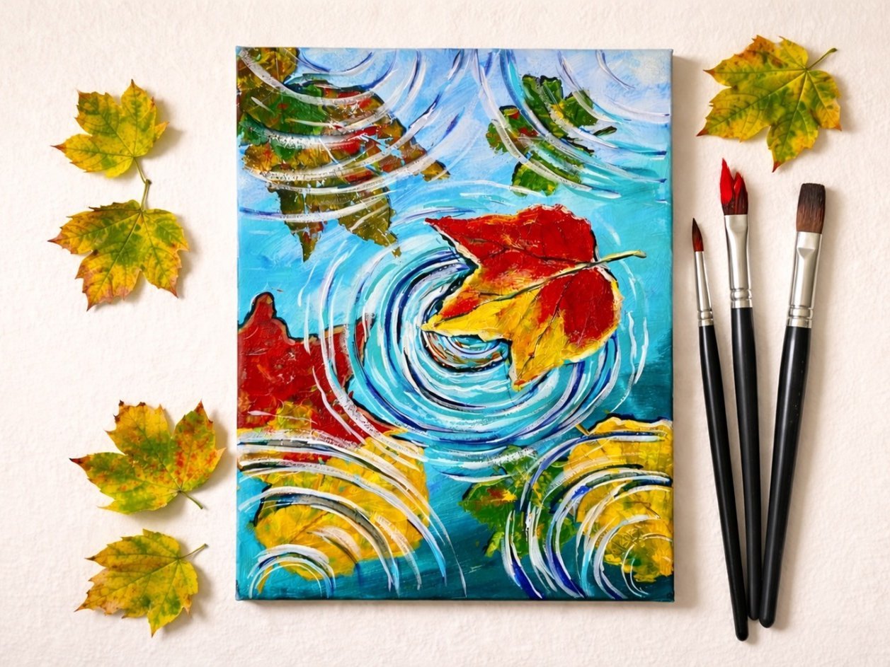 Bunte Herbstlaub-Blätter schwimmen in einer Pfütze.