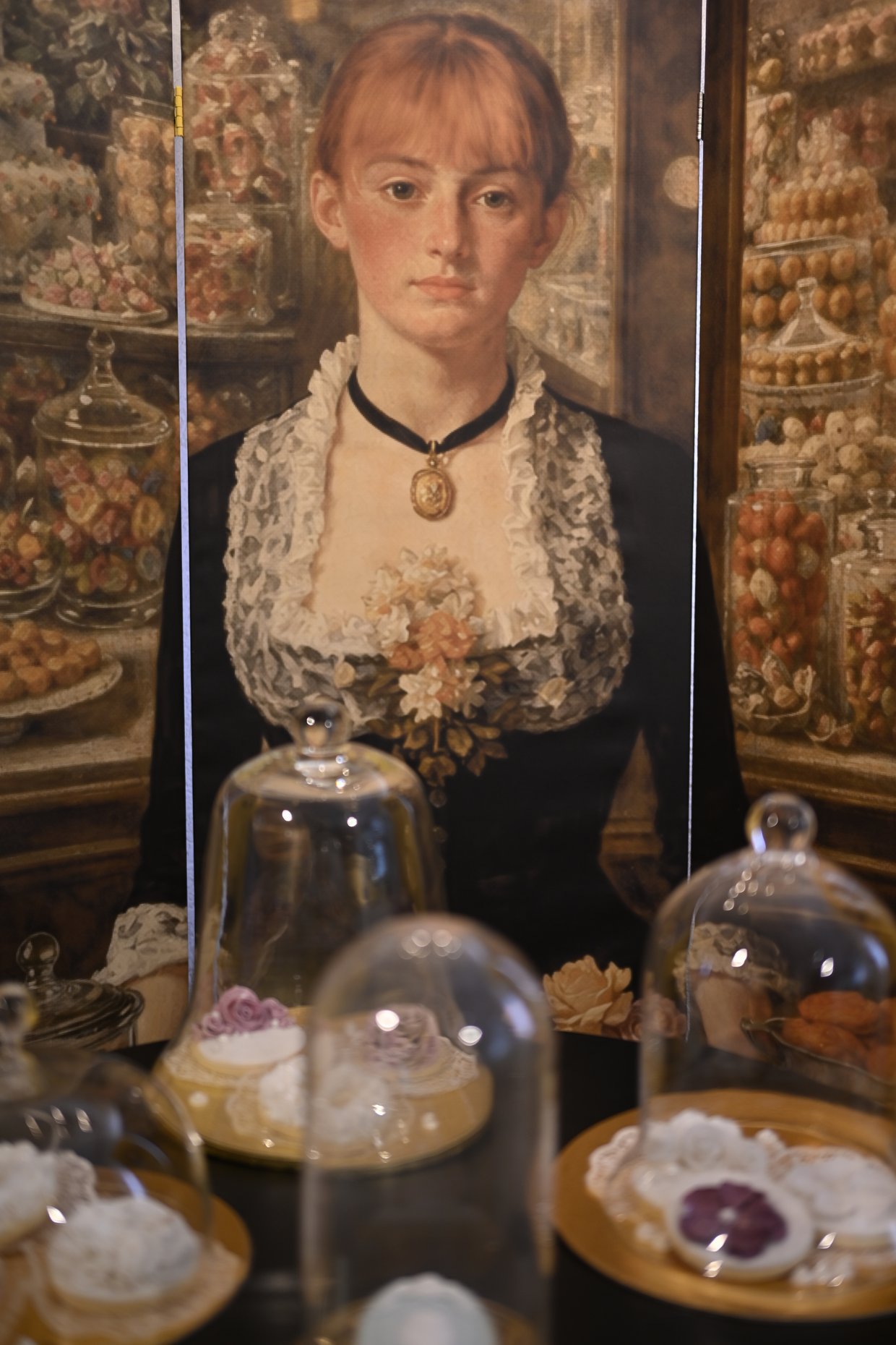 Im Hintergrund ist eine Wand zu sehen. Auf der Wand ist ein lebensgroßes Bild einer jungen Frau zu sehen, die hinter einer Theke steht. Im Hintergrund der Theke sind Zuckerwaren zu sehen. Im Vordergrund des Bildes steht ein Tisch mit Zuckergebäck im Raum.