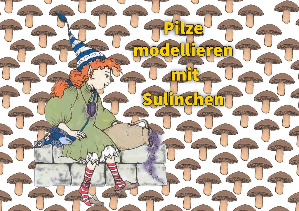 "Illustration von Sulinchen, dem Koboldmädchen aus dem Heimatmuseum Seulberg mit roten Haaren, grünem Kleid und blauer Zipfelmütze, das auf einem Stein sitzt und einen Krug hält. Der Hintergrund zeigt ein Muster aus braunen Pilzen. Text: „Pilze modellieren mit Sulinchen"