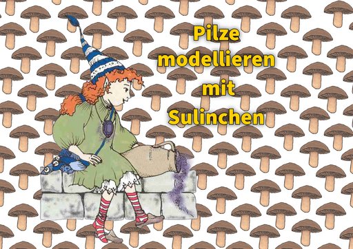"Illustration von Sulinchen, dem Koboldmädchen aus dem Heimatmuseum Seulberg mit roten Haaren, grünem Kleid und blauer Zipfelmütze, das auf einem Stein sitzt und einen Krug hält. Der Hintergrund zeigt ein Muster aus braunen Pilzen. Text: „Pilze modellieren mit Sulinchen"