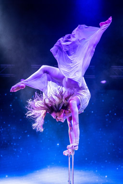 Auf dem Bild ist die Artistin Marina Skulditskaya zu sehen, die auf Stangen einen Handstand macht. 