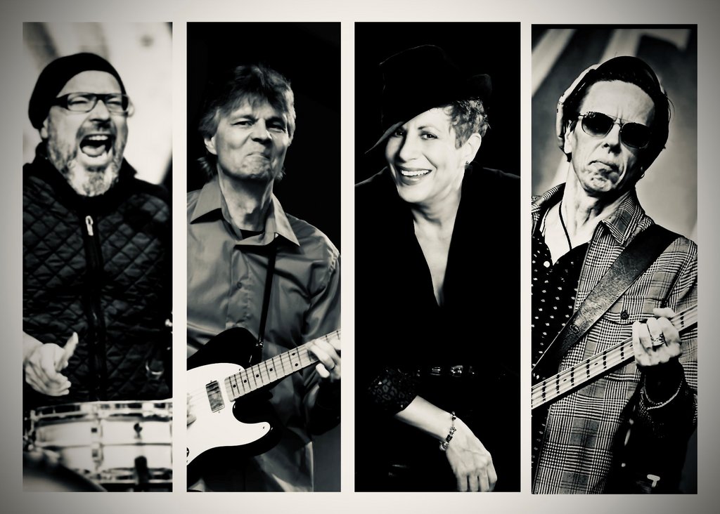 Auf dem Bild sind die vier Musiker von Kat Baloun & The Frostbites in einer Schwarzweiß-Collage zu sehen.