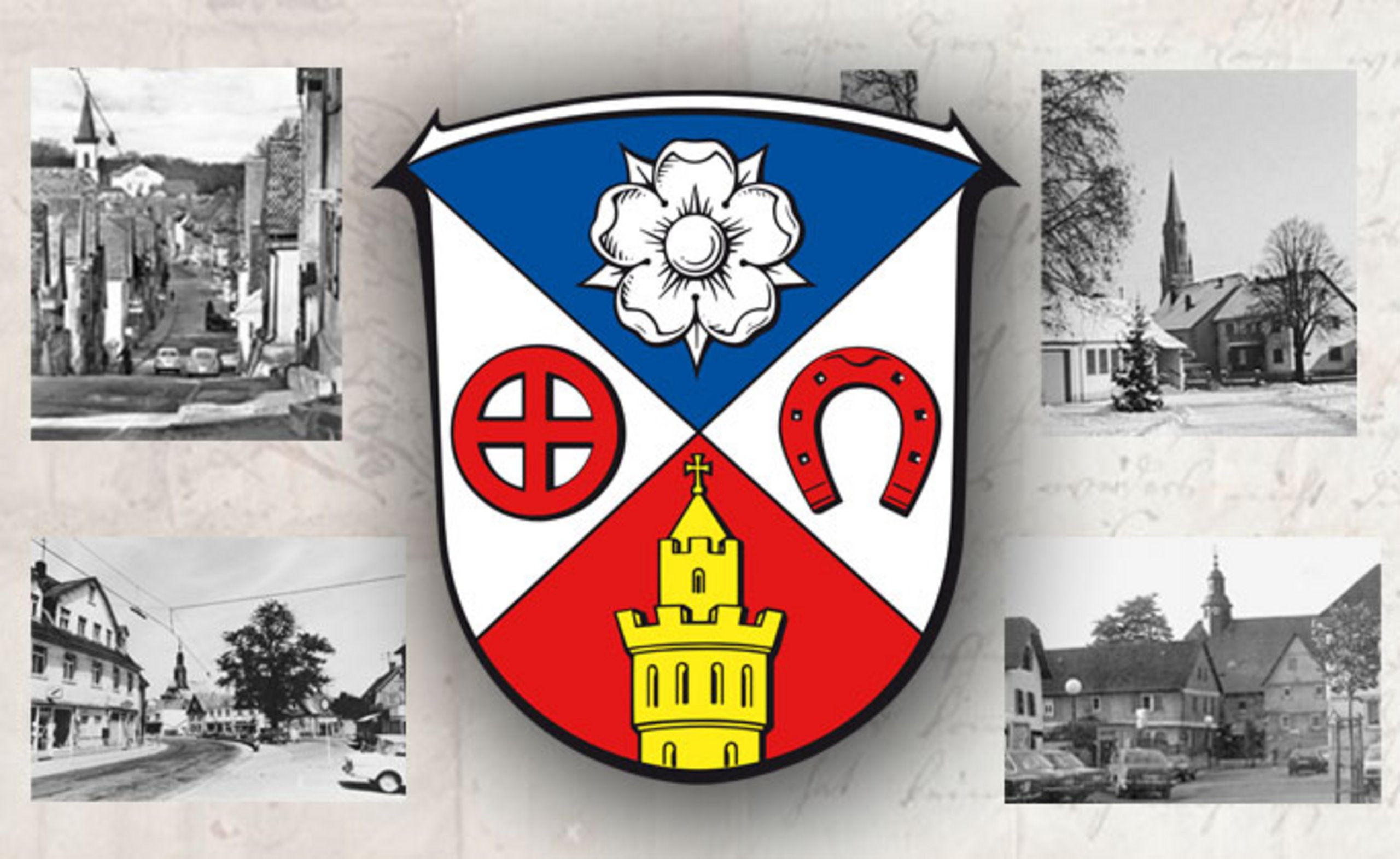 Das Bild zeigt das Wappen der Gesamtstadt Friedrichsdorf mit vier Bildern aus den Stadtteilen um 1970