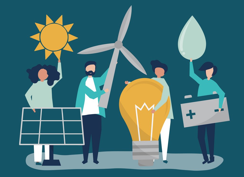 Charaktere von den Leuten, die grüne Energieikonen halten