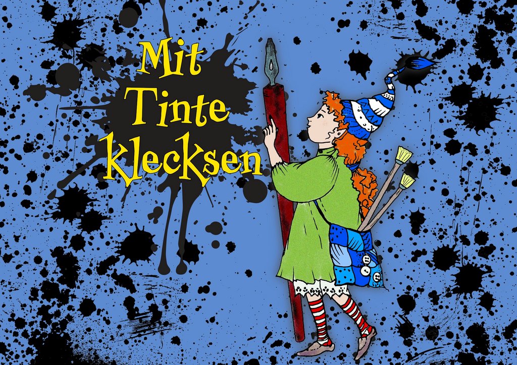 Ein farbenfrohes, künstlerisches Plakat mit schwarzen Klecksen auf blauen Hintergrund. Im Zentrum steht eine illustrierte Figur, Sulinchen, das Koboldmädchen aus dem Heimatmuseum Seulberg. Die Figur trägt ein grünes Kleid, eine weiße Rüschenhose, rote und weiße gestreifte Strümpfe sowie eine blauweiße Zipfelmütze. In den Händen hält sie einen großen Füller. Über der Figur steht in großen, gelben Buchstaben der Text: „Mit Tinte klecksen“. 
