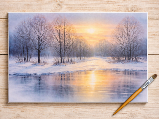 Weiße Landschaft voller Schnee mit Bäumen und Wasser
