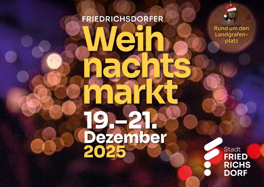 Auf dem Bild sieht man abstrakt im Hintergrund die Lichter eines Tannenbaums. Das Bild ist in Lila und Rottönen gehalten und recht dunkel. Darauf abgebildet sind in gelber Schrift alle Informationen zum Weihnachtsmarkt 2025 