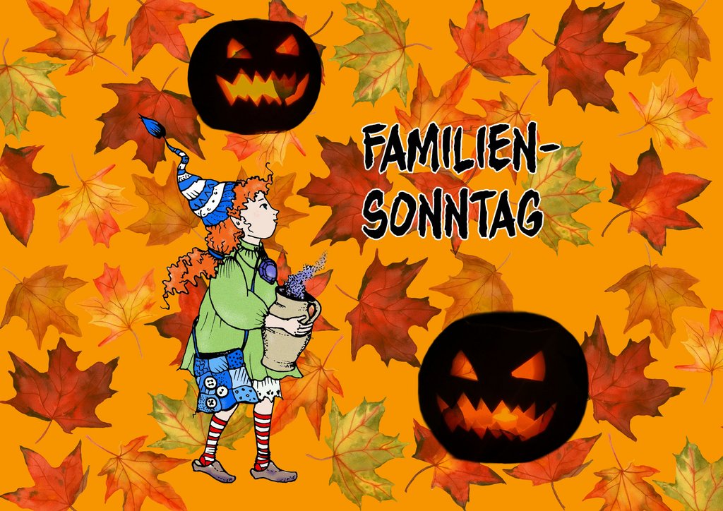 Illustration auf orangefarbenem Hintergrund zum Thema „Familiensonntag“. Auf der rechten Bildseite steht der Schriftzug „FAMILIEN-SONNTAG“ in schwarzen Buchstaben. In der Mitte ist eine cartoonhafte Figur, Sulinchen das Koboldmädchen aus dem Heimamtmusuem, mit roten, lockigen Haaren zu sehen, die ein grünes Kleid und eine blaue Umhängetasche trägt. Über ihrem Kopf schwebt eine Zipfelmütze mit blau-weißen Streifen. Die Figur hält einen Krug, aus dem lila Dampf aufsteigt. Ergänzt wird das Bild von zwei gruselig-fröhlich grinsenden Kürbislaternen mit leuchtenden Dreiecksaugen und gezacktem Mund – eine oben links, eine unten rechts. Das Motiv greift das Thema Halloween auf und wirkt kindgerecht und einladend.