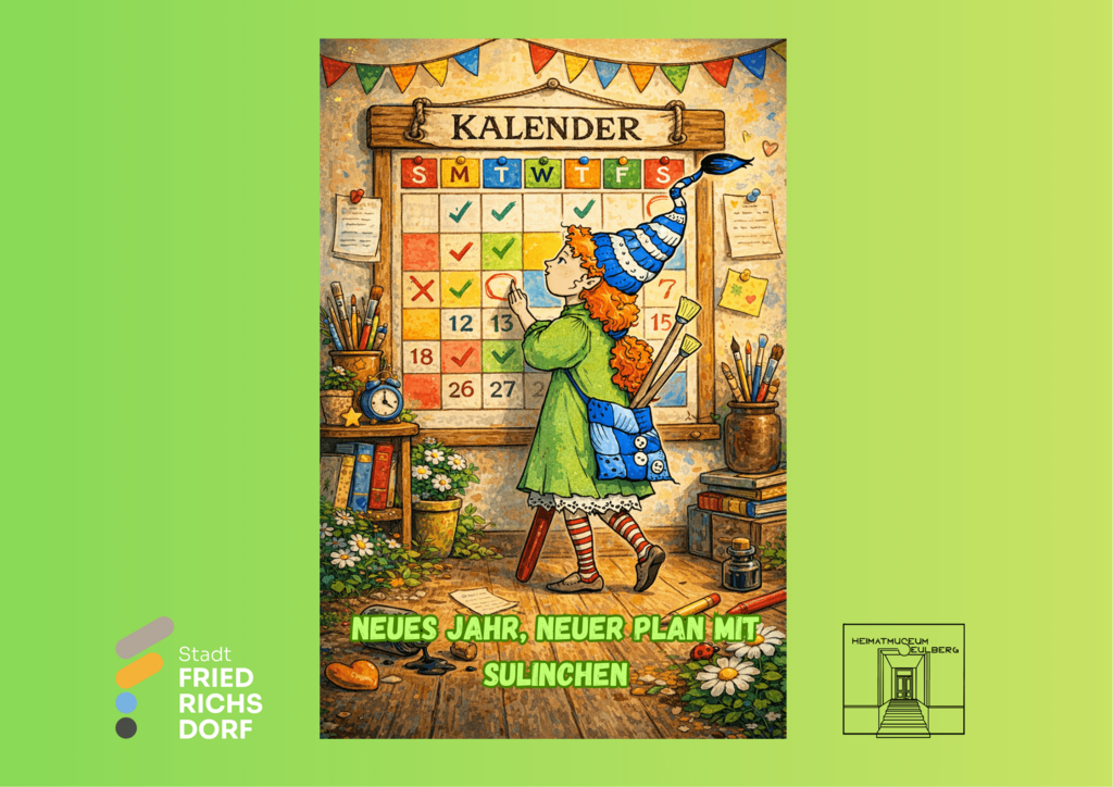 Illustriertes Poster mit dem Koboldmädchen Sulinchen aus dem Heimatmuseum Seulberg. Sulinchen hat lockige, leuchtend rote Haare, trägt ein grünes Kleid, rot-weiß gestreifte Strümpfe und eine blau-weiß geringelte Zipfelmütze. Auf dem Rücken trägt sie eine Tasche mit Malpinseln. Fröhlich steht sie vor einem großen, bunten Wandkalender und markiert mit erhobenem Finger einen Tag. Der Raum ist gemütlich und kreativ gestaltet, mit Pinseln, Büchern, Blumen und kleinen Details rund um den Kalender. Die Farben sind kräftig und freundlich. Am unteren Rand steht der Schriftzug: „Neues Jahr, neuer Plan mit Sulinchen“.