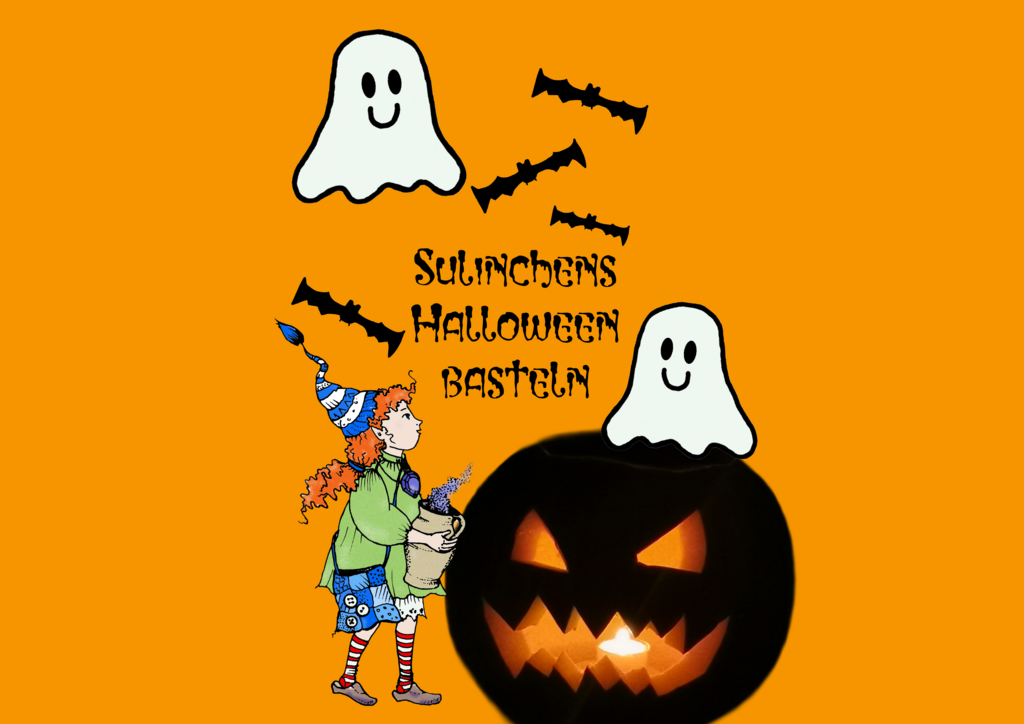 Illustration auf lebhaft orangefarbenem Hintergrund zum Thema „Sulinchens Halloween Basteln“. Oben schweben zwei weiße Cartoon-Geister mit schwarzen Augen und freundlich lächelnden Gesichtern, dazwischen fliegen vier schwarze Fledermaus-Silhouetten diagonal über das Bild. In der Mitte steht der Schriftzug „Sulinchens Halloween Basteln“ in verspielter, unregelmäßiger Schriftart. Unten links ist ein cartoonhaftes Mädchen, Sulinchen der Museumskobold, mit orangen Haaren, grünem Kleid, blauer Tasche und blau-weißer Mütze zu sehen, das einen Krug hält, aus dem lila rauch aufsteigt. Unten rechts leuchtet eine große Kürbislaterne mit geschnitztem Gesicht, deren Augen und Mund von innen hell erleuchtet sind. Das Motiv wirkt fröhlich und kindgerecht auf das Halloween-Bastel-Event einstimmend.