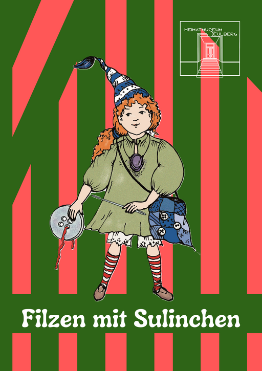 Koboldmädchen Sulinchen mit Nadel und Knopf vor rosa-grünem Streifenhintergrund. Text: „Filzen mit Sulinchen“.