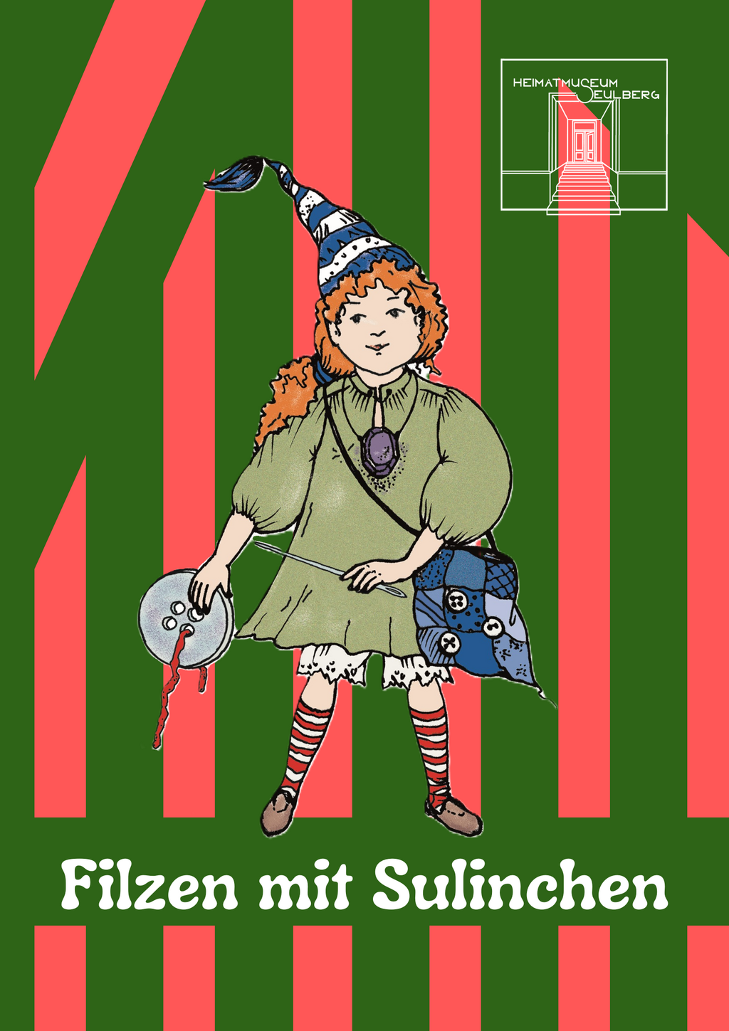Koboldmädchen Sulinchen mit Nadel und Knopf vor rosa-grünem Streifenhintergrund. Text: „Filzen mit Sulinchen“.
