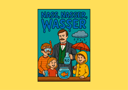 Das Bild ist ein Plakat, dass die Erfinderwerkstatt „Nass, Nasser, Wasser“ im Philipp-Reis-Haus bewirbt. Zu sehen ist ein Bild im Format hoch. Auf gelbem Hintergrund ist das eigentliche Plakat zu sehen, es ist mit schwarzen Linien eingerahmt. Der Hintergrund ist blaugrau. Im Vordergrund ist ein holzfarbener Tisch zu sehen, an dem 4 Menschen stehen. Auf dem Tisch steht ein rundes Goldfischglas, mit einem Goldfisch drin. Links steht ein Junge mit Taucherbrille und Schnorchel, er hat ein geringeltes Langarmshirt an und hält ein Glas Wasser in der Hand. Recht daneben steht ein kleineres Mädchen, das fröhlich auf den Tisch schaut. Rechts neben dem Mädchen steht Philipp Reis, mit Schnurrbart, adretter Frisur, grüner Weste, roter Fliege und einem Frack. Er hält eine Glaskaraffe mit Wasser in der Hand. Auf der Karaffe steht H2O. Rechts im Bild, neben Philipp Reis, steht ein weiterer Junge, er trägt einen gelben Regenmantel und einen roten Schirm, da sich über seinem Kopf eine Regenwolke befindet, die auf ihn abregnet. Über den Personen steht in blauer Schrift mit schwarzen Rand: „Nass, Nasser, Wasser“. 
