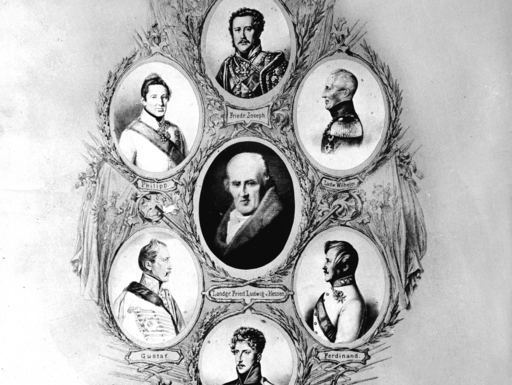 Lithographie: Landgraf Friedrich V. umgeben von seinen 6 Söhnen