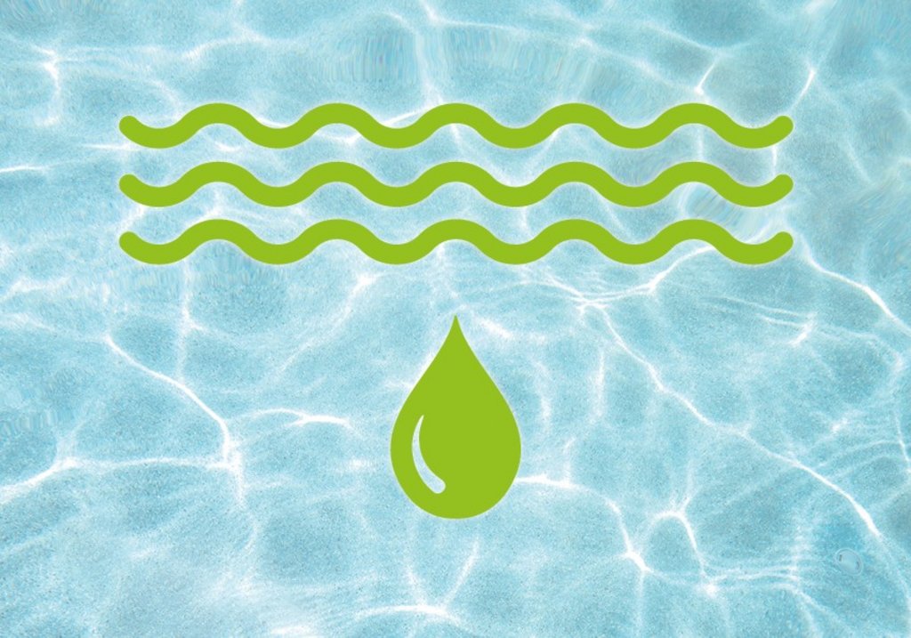 Wellenstruktur und Tropfen in grün vor einem Wasserhintergrund