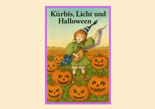 Zu sehen ist Sulinchen, das Koboldmädchen aus dem Heimatmuseum, mit roten, lockigen Haaren, einer weiß und blau geringelten Zipfelmütze, einem grünen Kleid und weiß-orange geringelten Socken. In ihren Händen hält sie einen Tonkrug, aus dem lila glitzernder rauch hervor komm. Sie steht mitten in einem Feld voller Halloween Kürbissen, die unterschiedliche Gesichter haben. Sulinchen guckt freundlich. Über Sulinchen steht in großer Schrift: „Kürbis, Licht und Halloween“