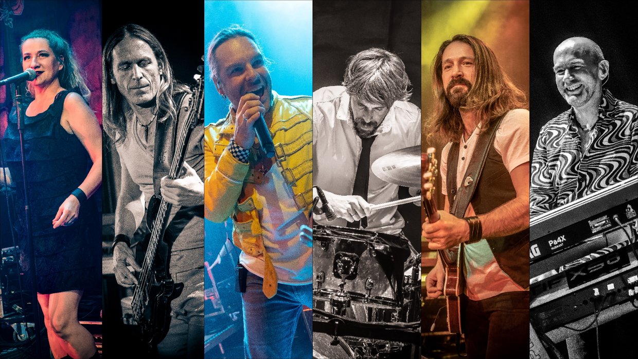 Auf dem Bild sind die sechs Musiker der Queen Kings in einer Fotocollage zu sehen.