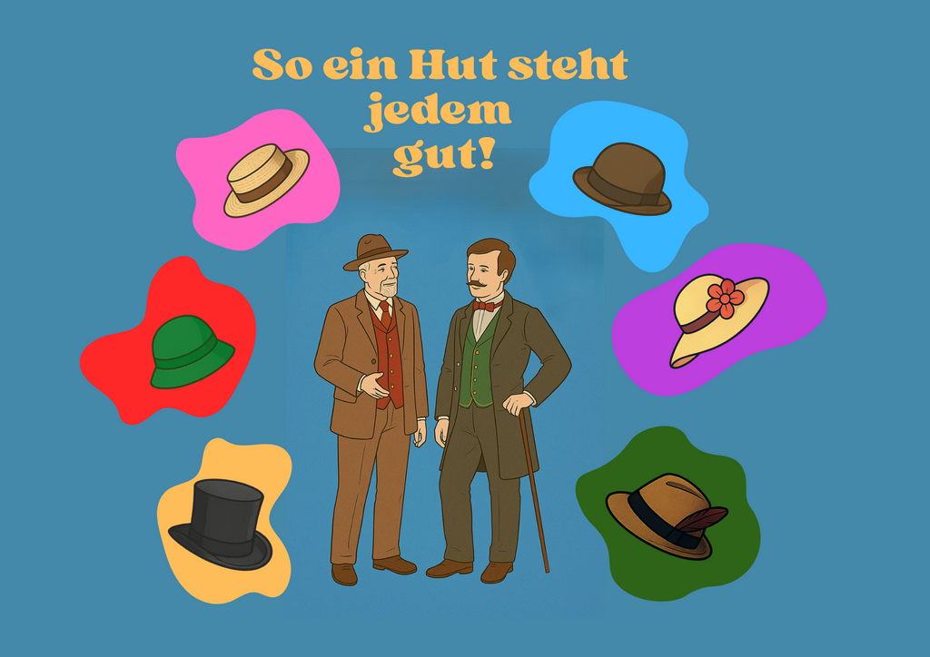 Plakat zur Erfinderwerkstatt „So ein Hut steht jedem gut!“ im Philipp-Reis-Haus. Gezeigt sind Philipp Reis und Daniel Rousselet mit verschiedenen Hüten als zentrales Motiv. Um sie herum sind bunte Formen mit weiteren Hutarten dargestellt. Der Titel „So ein Hut steht jedem gut!“ steht in gelber Schrift darüber.
