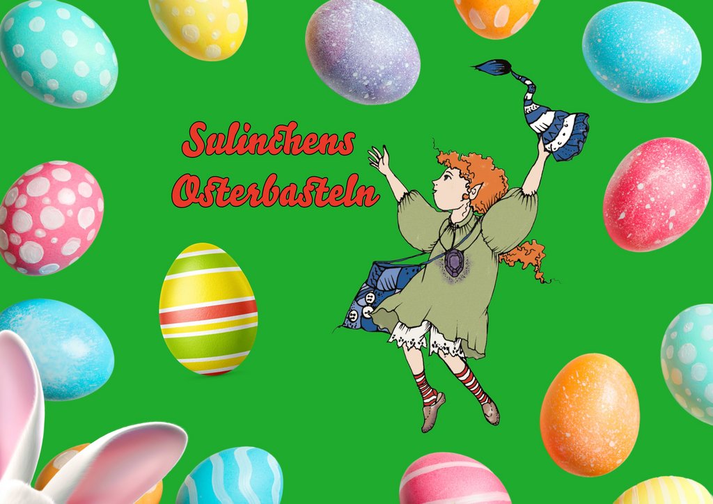 Illustration zu ‚Sulinchens Osterbasteln‘: Ein Mädchen mit roten Locken und einem grünen Kleid balanciert schwebend zwischen bunten Ostereiern in verschiedenen Mustern und Farben. Sie hält einen Pinsel in der Hand und scheint fröhlich zu basteln. Im Hintergrund sind weitere Ostereier und ein Teil eines Osterhasenohrs zu sehen. Der Hintergrund ist grün.