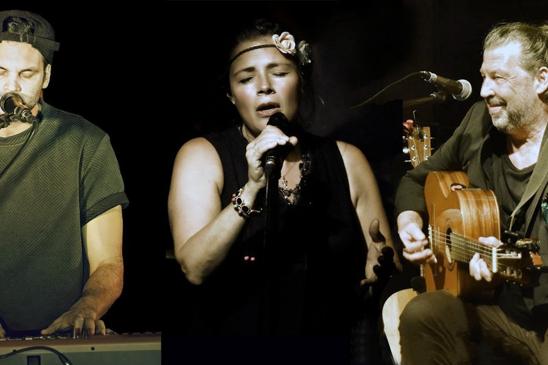 Auf dem Bild ist eine Collage der drei Musiker des Jessica Born Trios mit ihren Instrumenten zu sehen.