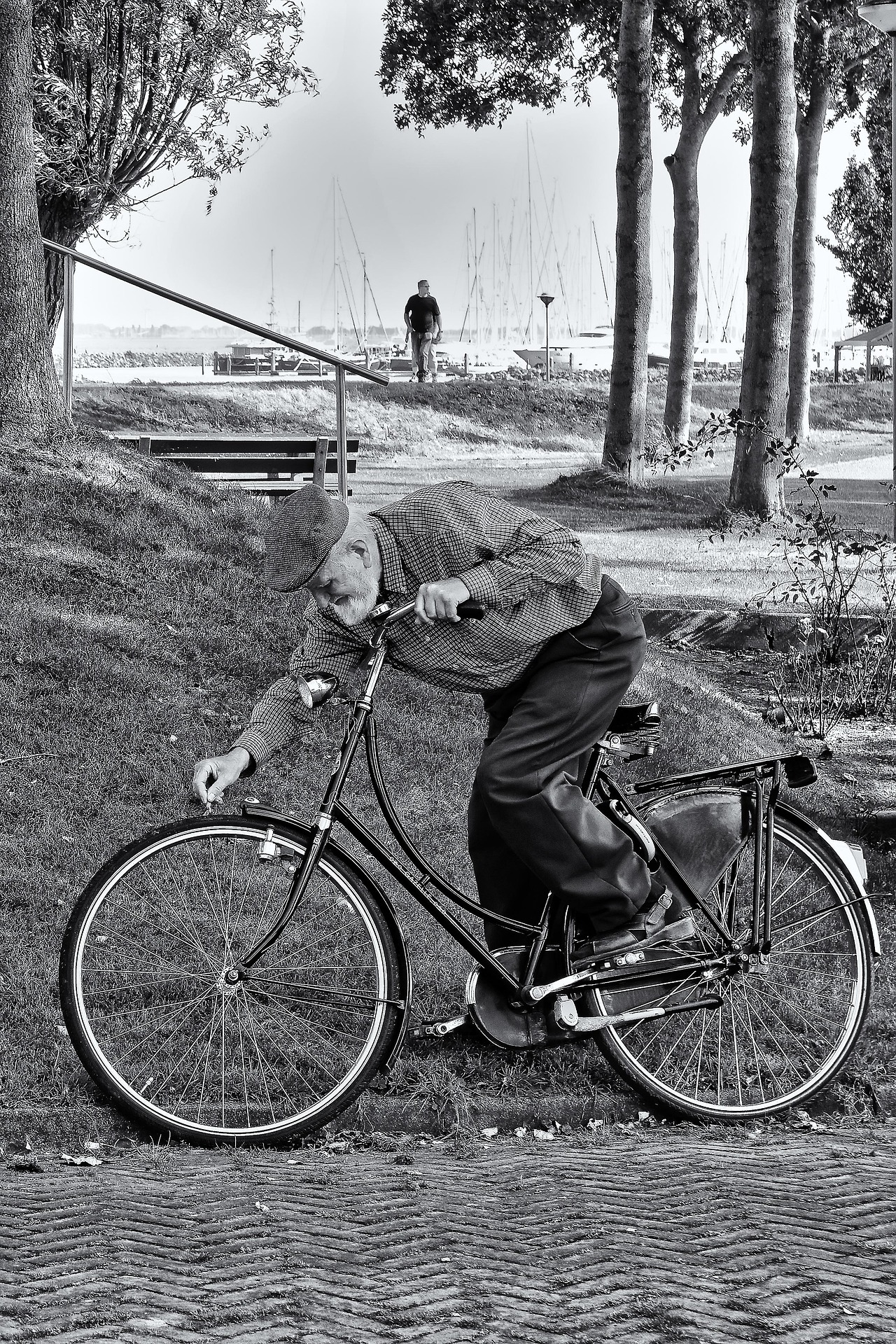 Senior , der zum Vorderrad seines Fahrrad greift im Vordergrund, Hafen/ Park im Hintergrund, schwarz-weiss Fotografie 